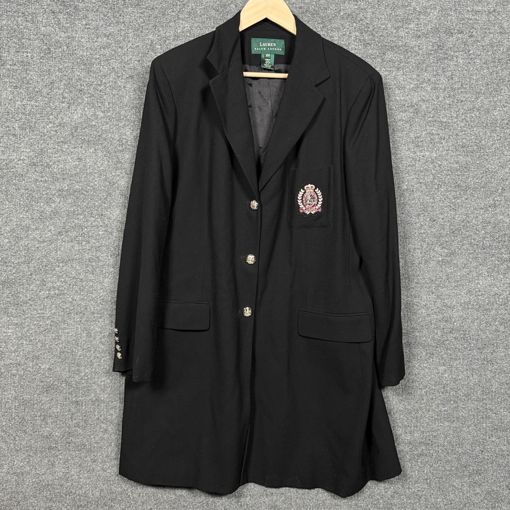 Lauren Ralph Lauren Womens 16W Overcoat Black Patched Logo Pure Wool Vented